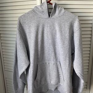 Stud-Trim Light Gray Hoodie - Women's Pullover Sweatshirt